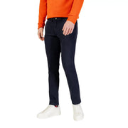 Navy blue borghese men trousers slim-fit chinos with subtle woven stripe waistband and red hem accent