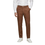 Brown chino trousers borghese men camel 100% linen classic fit with subtle creases for spring summer wear