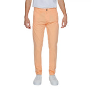 A pair of borghese men trousers in peach slim-fit chinos with subtle texture and a single button closure