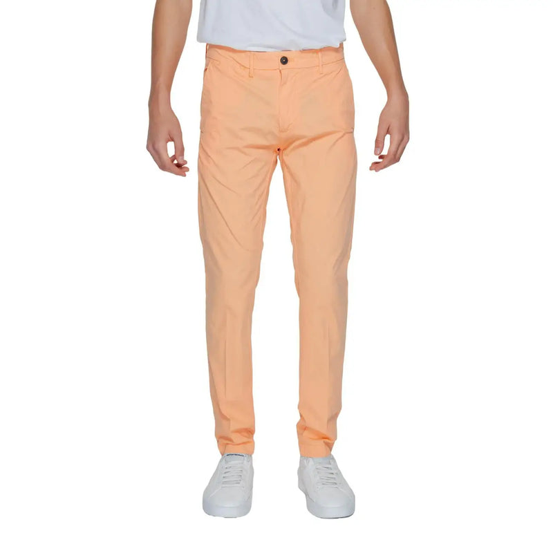 A pair of borghese men trousers in peach slim-fit chinos with subtle texture and a single button closure