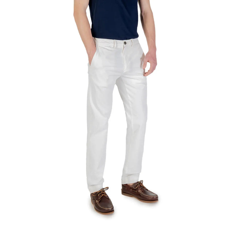 White chino pants by borghese with a clean tailored fit and classic stitching for men