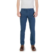 Men’s blue slim-fit chino pants with brown boat shoes, featured in Borghese Mens Beige Cotton Stretch Trousers