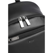 Boss backpack Jace for men in black leather with silver zippers and boss branding on front panel, front view