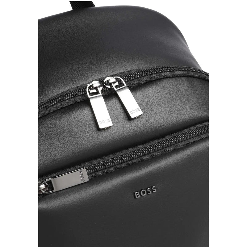 Boss backpack Jace for men in black leather with silver zippers and boss branding on front panel, front view