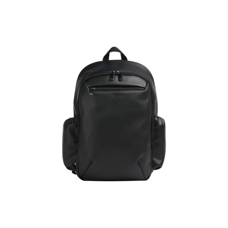 Boss backpack Jace for men in black leather with subtle brand logo and minimalist design, front view