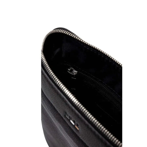 Boss black leather crossbody bag with textured leather exterior silver zipper and interior lining for secure storage