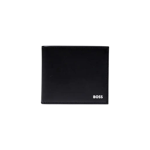 Black leather bifold wallet for men from Boss, ideal for fall and winter seasons