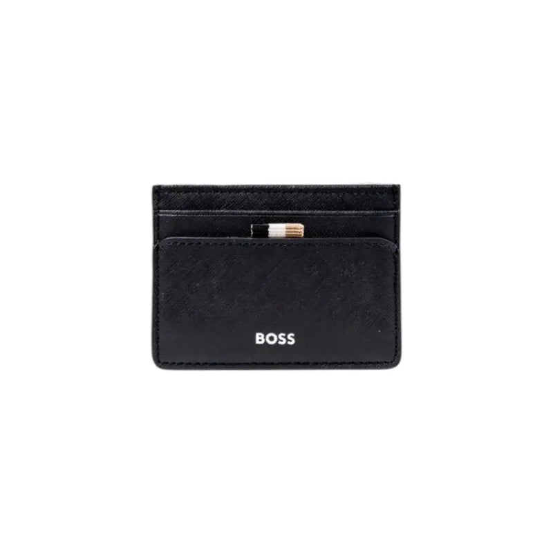 Black leather card holder with multiple slots and subtle striped accent for Men