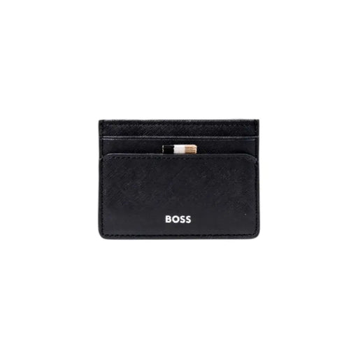 Black leather card holder with multiple slots and subtle striped accent for Men