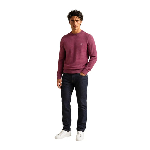 Boss cashmere sweater for men in maroon ribbed knit with small logo on left chest, front view