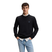 Boss Kaschmirpullover Kanovano für Herren in Schwarz mit dunkelgrauem quadratischem Logo auf der linken Brust, Vorderansicht