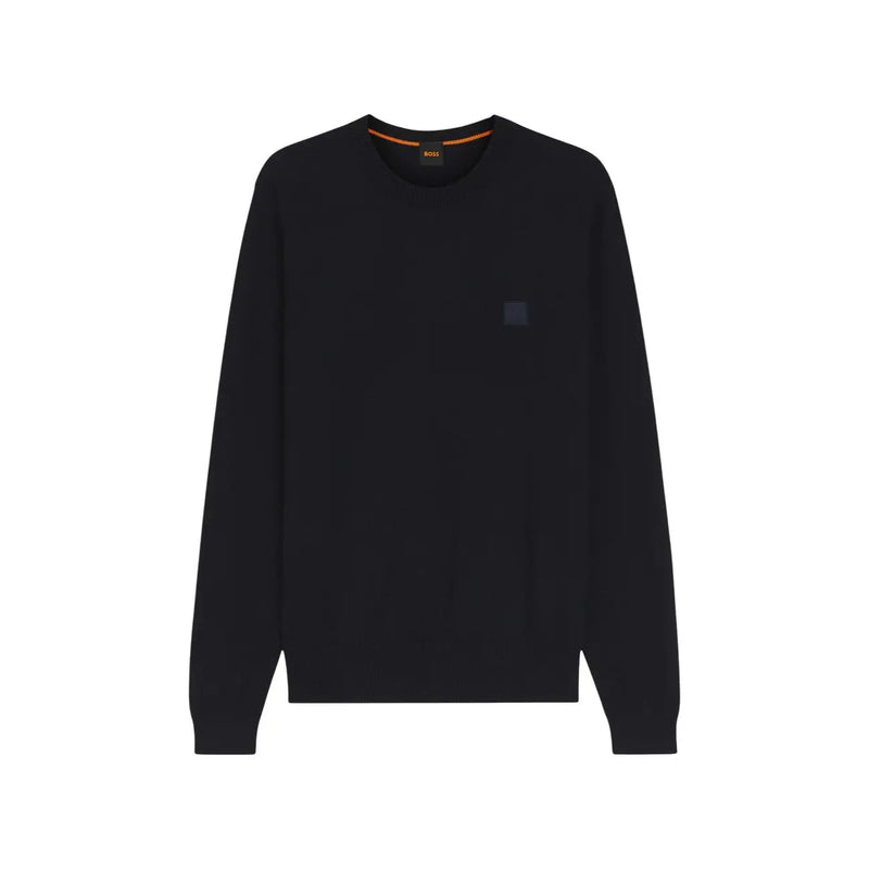 Boss Kaschmirpullover Kanovano für Herren in Schwarz mit dezentem quadratischem Logo und orangefarbenem Kragenbesatz, Vorderansicht