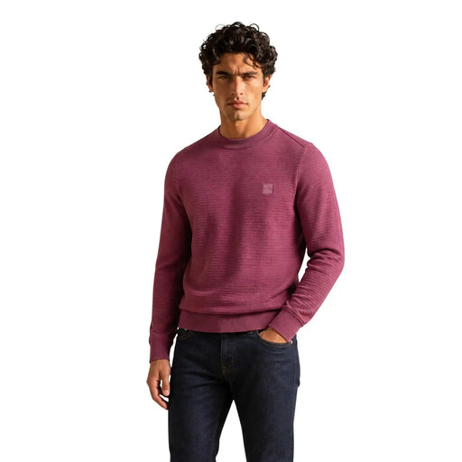 Boss cashmere sweater for men in maroon ribbed knit with textured pattern and logo patch, front view