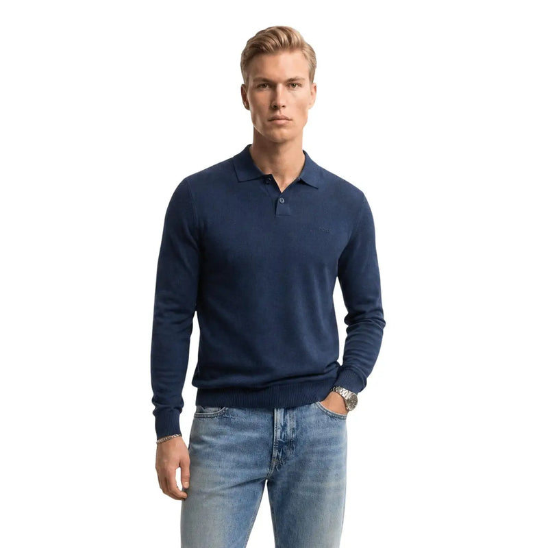 Boss Poloshirt aus Baumwollstrick für Herren in Marineblau mit langen Ärmeln, Vorderansicht