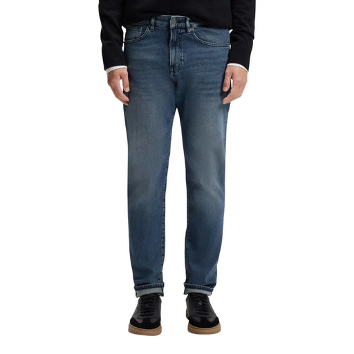 Boss jeans denim jeans for men in blue with classic straight-leg cut and rolled cuffs front view