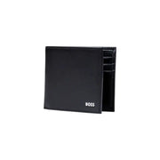 Black leather bifold wallet with card slots from Boss Men featuring inside pockets and compartments