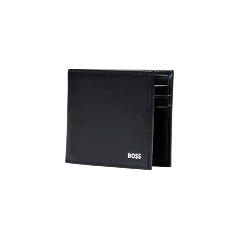 Black leather bifold wallet with card slots from Boss Men featuring inside pockets and compartments