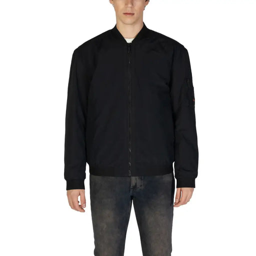 Boss men black zip blazer cotton polyamide bomber jacket with full-length zipper and ribbed cuffs
