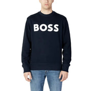 Men’s navy blue cotton sweatshirt with long sleeves and BOSS white logo front view