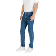 Blue denim jeans with white stitching and pockets, classic fit.