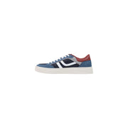 Boss men blue leather sneakers in blue and black suede with white laces red heel tab and chunky off-white sole