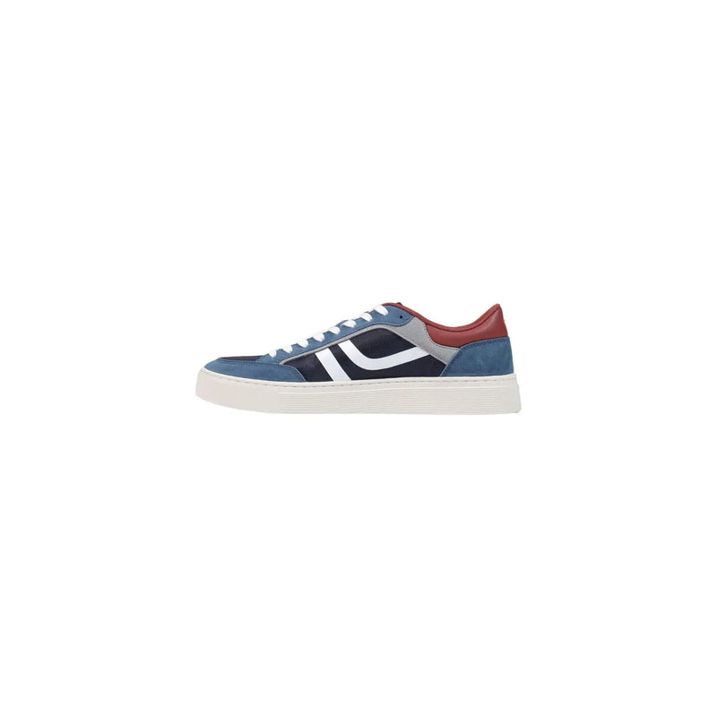 Boss men blue leather sneakers in blue and black suede with white laces red heel tab and chunky off-white sole