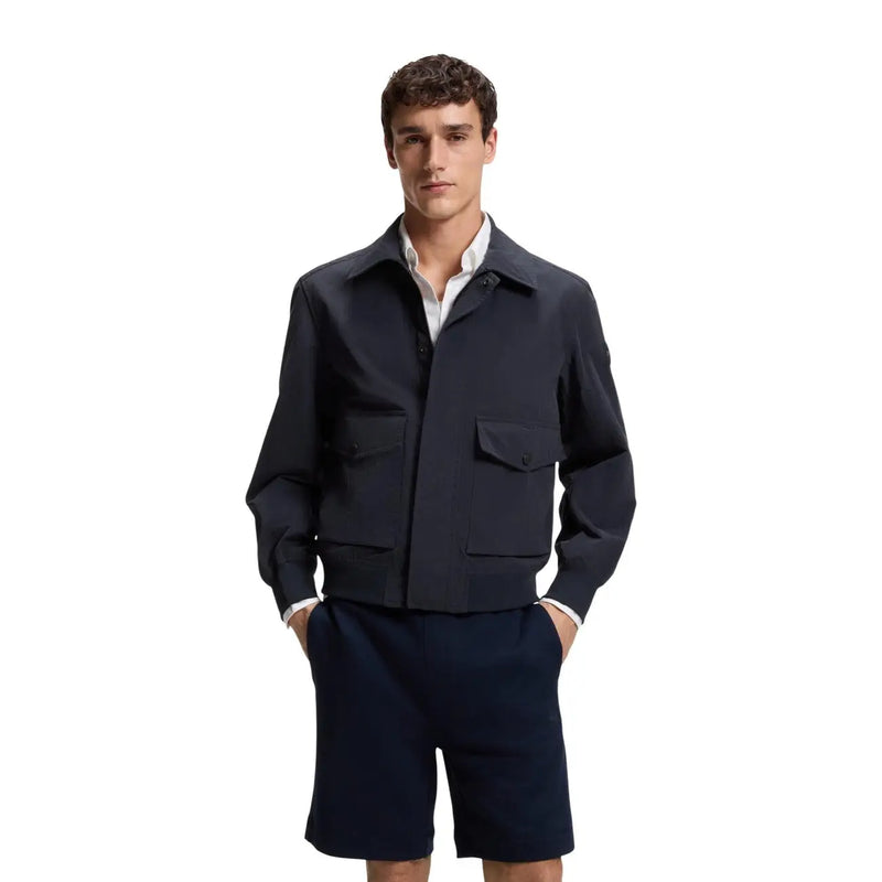 Boss men blue polyester blazer classic fit navy blue cotton jacket with two front flap pockets and white cuff trim