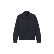Dark navy blue hugo boss men polyester blazer classic fit with a classic collar, front zipper, and two flap pockets