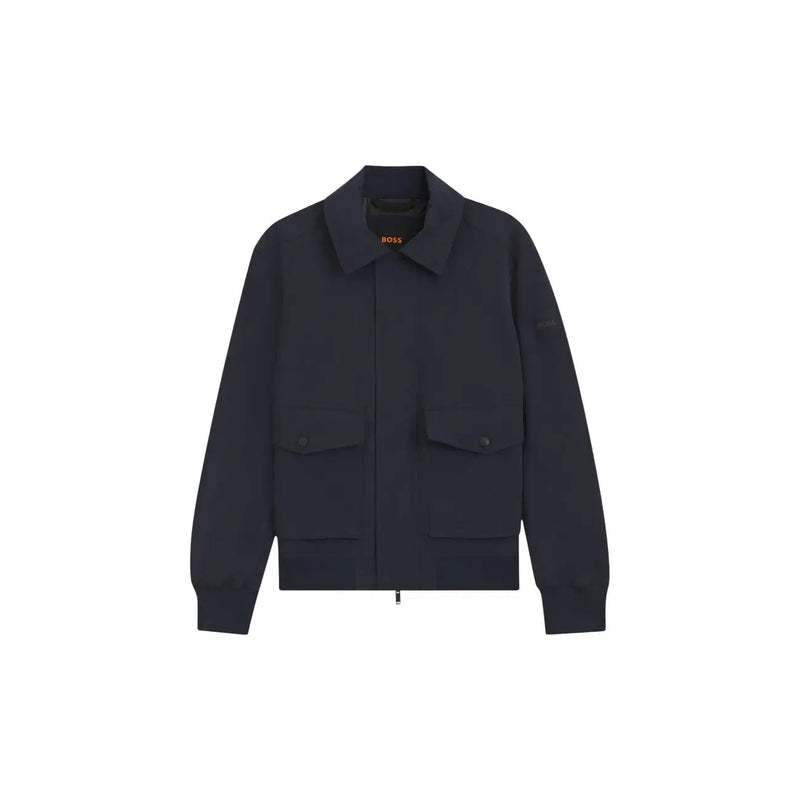 Dark navy blue hugo boss men polyester blazer classic fit with a classic collar, front zipper, and two flap pockets