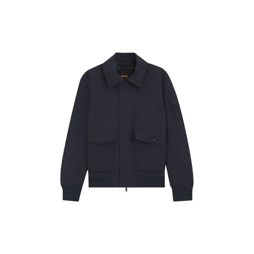 Dark navy blue hugo boss men polyester blazer classic fit with a classic collar, front zipper, and two flap pockets
