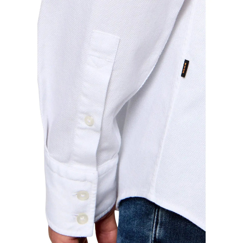 Boss men cotton shirt white long sleeve casual regular with subtle textured weave and matching buttons