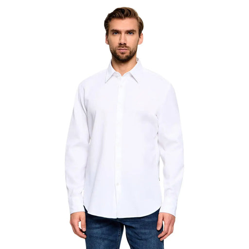 Boss men cotton shirt white long sleeve casual regular with crisp white fabric classic collar and button-down front