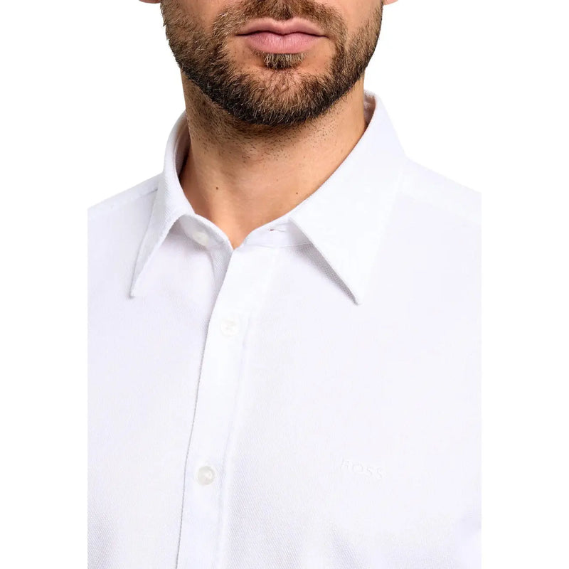Boss men cotton shirt white long sleeve casual regular with crisp collar and subtle textured fabric detail