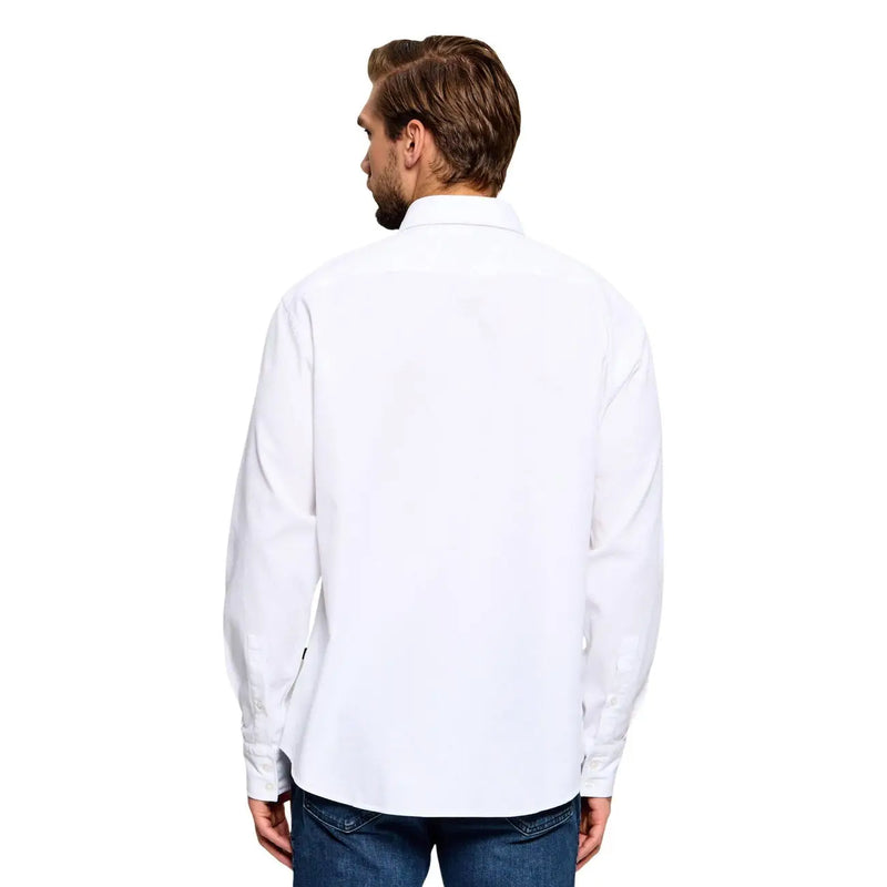 White cotton boss men long sleeve casual shirt with classic collar and tailored fit