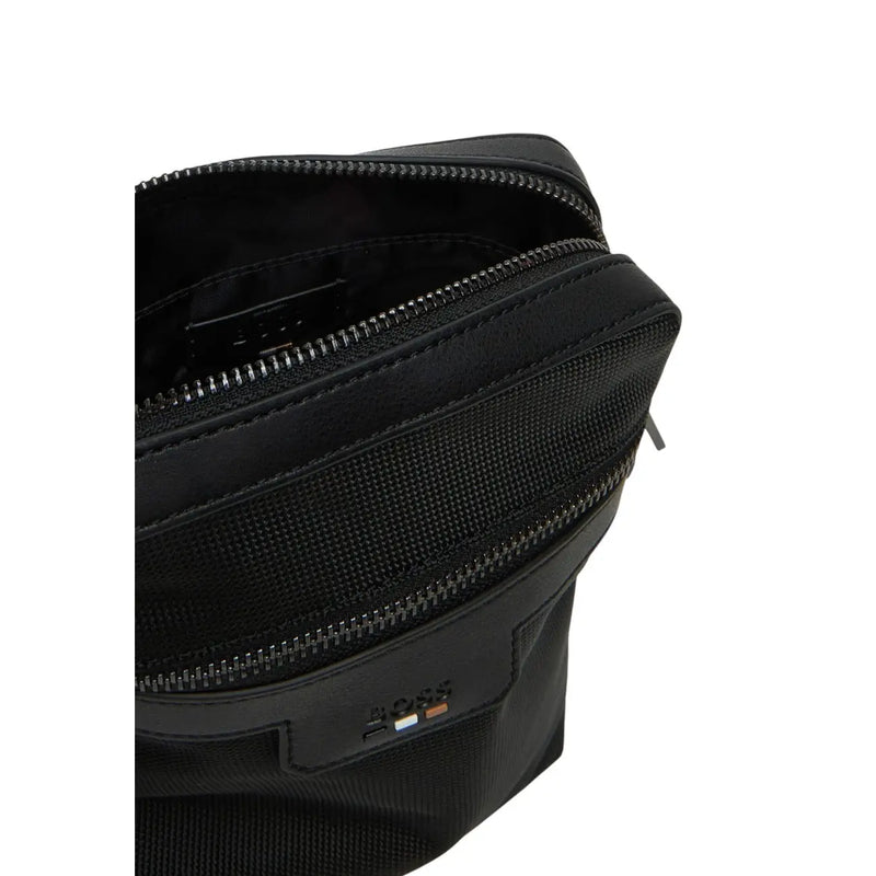 Black Hugo Boss men crossbody bag with sleek textured polyester exterior and dual zippers W16 x H20 cm