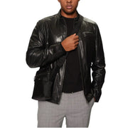 Black leather bomber jacket with glossy finish and subtle stitching paired with boss men crossbody bag black polyester zip