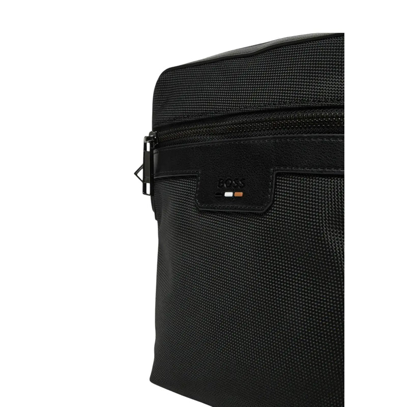 Boss men crossbody bag black textured polyester with sleek leather strap and boss logo patch w16 x h20 cm