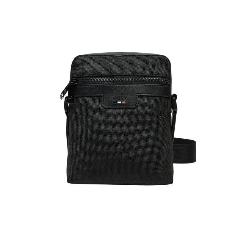 Black textured Hugo Boss crossbody bag in black polyester with zip and subtle logo, size W16 x H20 cm