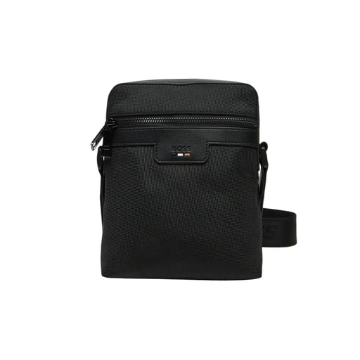 Black textured Hugo Boss crossbody bag in black polyester with zip and subtle logo, size W16 x H20 cm