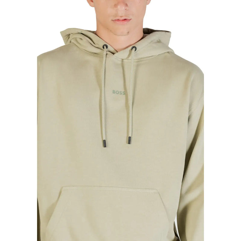 Beige hugo boss cotton hoodie with drawstring hood and front pocket for men in a casual style