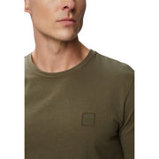 Boss men green cotton t shirt round neck with a subtle embroidered olive green Hugo Boss logo patch on the chest
