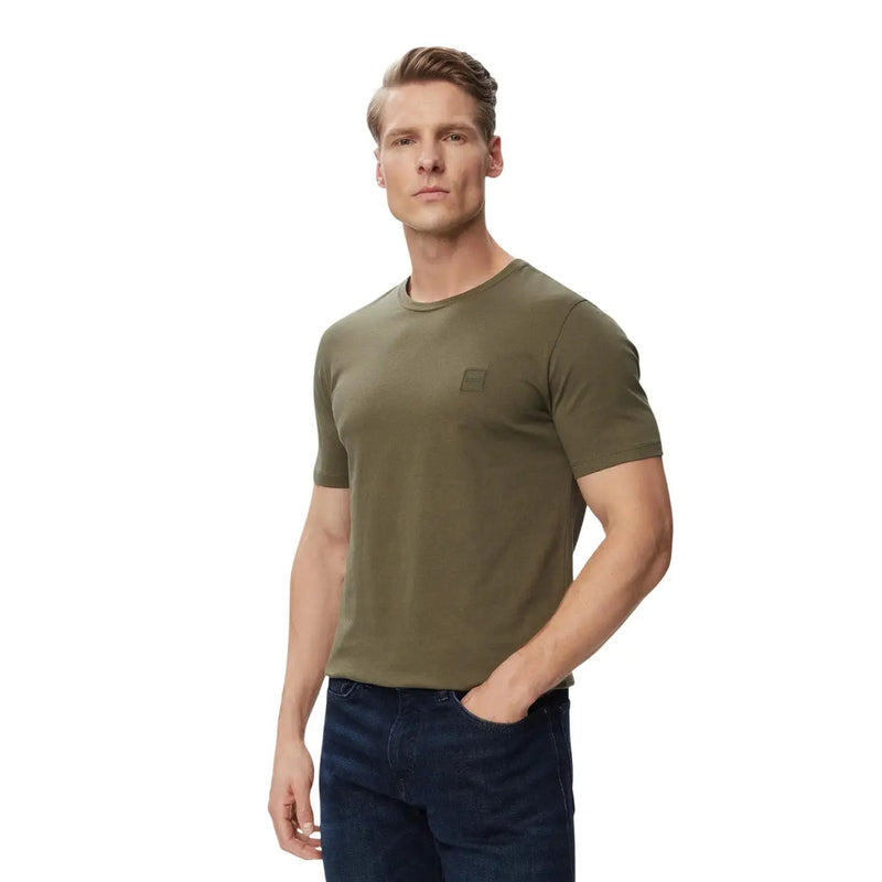 Boss men green cotton t shirt round neck with olive green color and a small square logo on the left chest