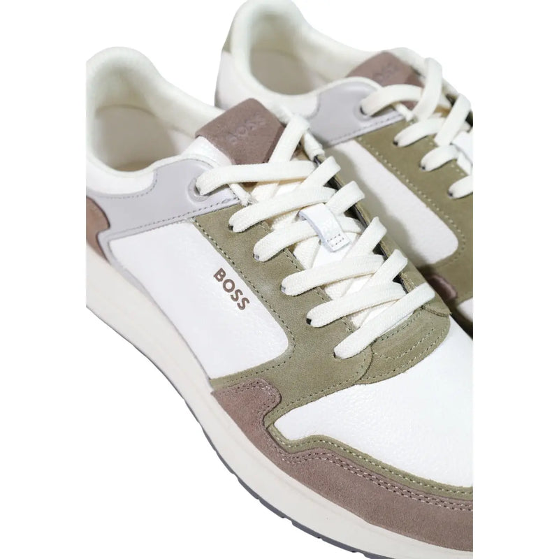 Boss men green sneaker sporty polyester shoes in white olive green and taupe suede and leather with white laces