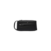 Boss men handbag black textured leather toiletry bag with silver zipper and handle in size 23x11x10 cm