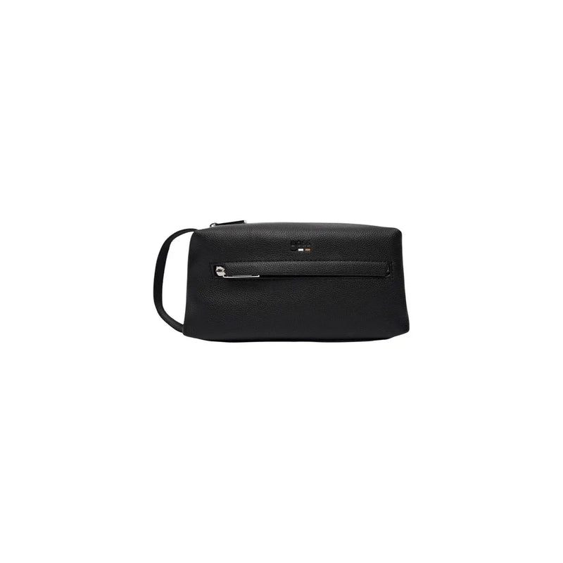 Boss men handbag black textured leather toiletry bag with silver zipper and handle in size 23x11x10 cm