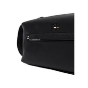 Black textured leather Boss men handbag with silver zipper and embroidered logo made of polyurethane 23x11x10 cm