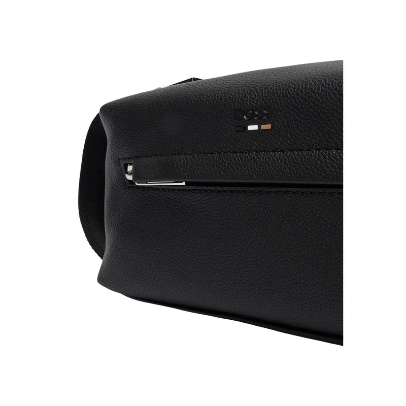 Black textured leather Boss men handbag with silver zipper and embroidered logo made of polyurethane 23x11x10 cm