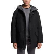 Boss men jacket black hooded long polyester parka with a matte finish and subtle stitching details shown from the back