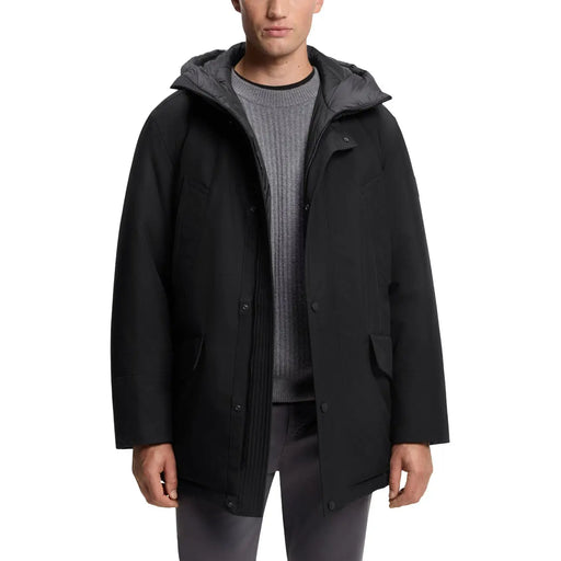 Boss men jacket black hooded long polyester parka with a matte finish and subtle stitching details shown from the back