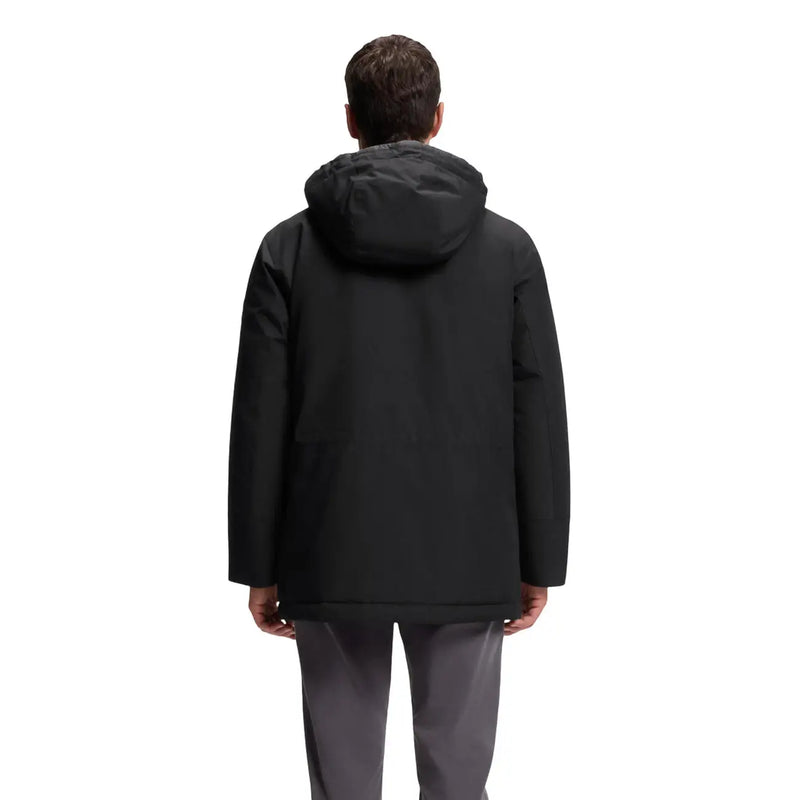 Boss men jacket black hooded long polyester with sleek modern design and subtle stitching details front view